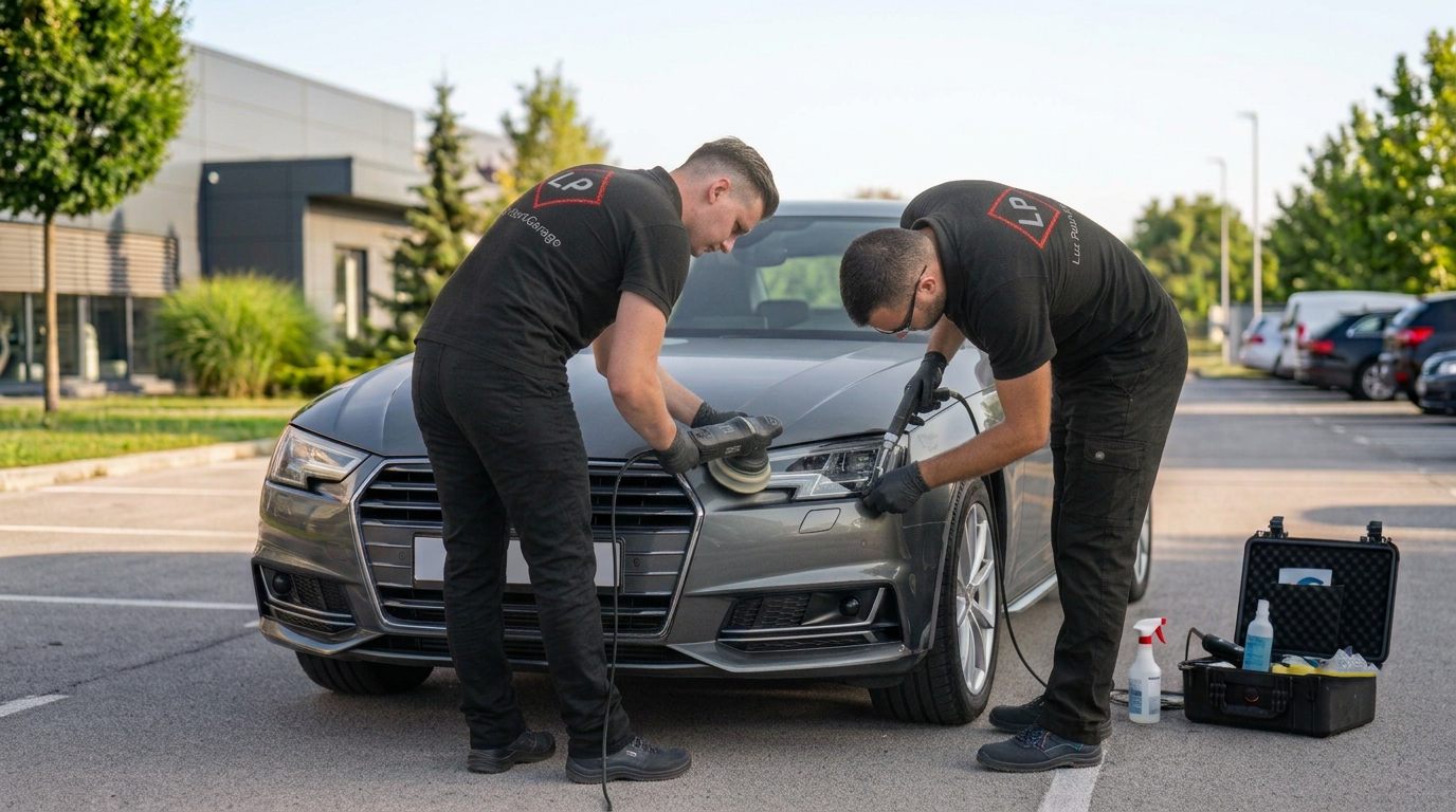 Mobilno poliranje farova na adresi klijenta u Nišu — ekipa za poliranje farova sa opremom